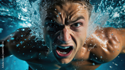 Swimmer's focused flip turn water droplets in vivid blue pool