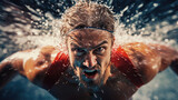Competitive swimmer pushing ahead intense race vibrant pool