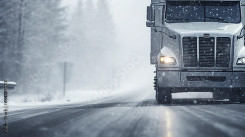 copy space, stockphoto, Extreme close up of a truck driving down a highway at snow day. Heavy truck on snowy and ice road. Dangerous weather condition for driving. photo