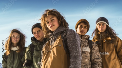 Group of friends enjoys snowboards in mountains.