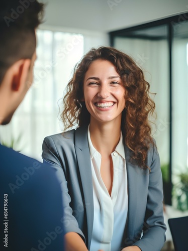 Happy business woman manager handshaking at office meeting. Smiling female hr hiring recruit at job interview. generative AI