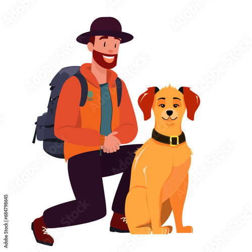 Man with Dog isolated vector drawing. Person in Orange Jacket and backpack, Cute red Sitting Dog.