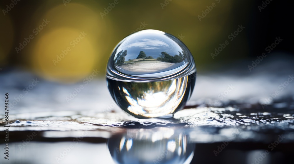 a close up of a water droplet on a surface with a reflection of trees and sky in the water. a close up of a water droplet on a surface with a reflection of trees and sky in the water.
