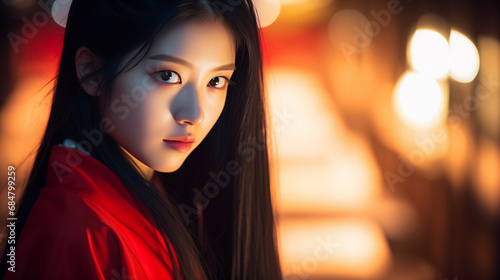 A pale beautiful japanese young girl, with heart-shaped face and shiny blue eyes with long black hair in ponytail in the red Xiaolin robe,--No hands, eye-level shot, ultrarealistic, Cinematic, 