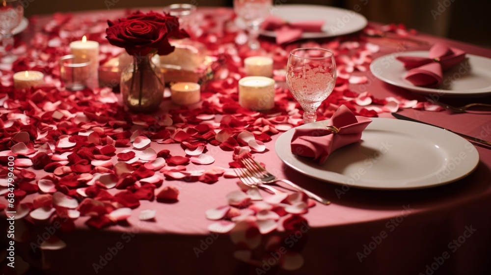 A tabletop covered with rose petals and heart-shaped confetti for a romantic dinner setting.