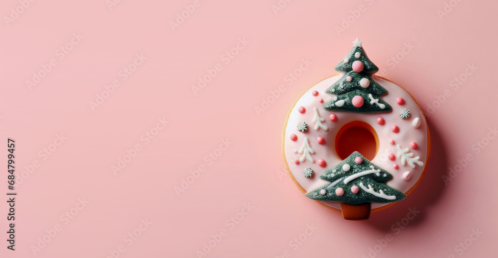 New Year's donut in the form of a Christmas decoration on a pink background. Generative AI.
