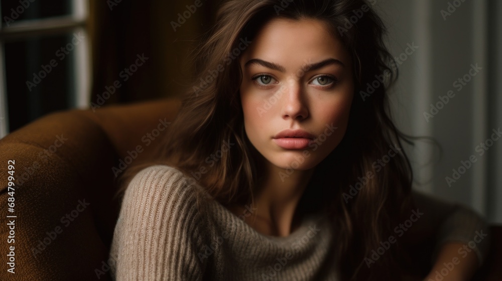 Fototapeta premium European woman lounging in a chair at home, making eye contact with the camera.