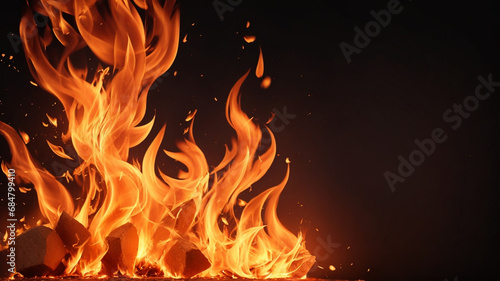 Fire in the dark. Burning fires of flames and sparks on solid background