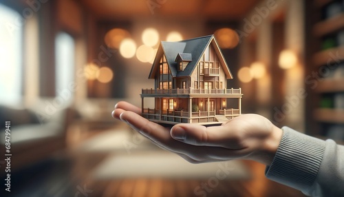 La main tient un modèle de maison, ideal pour article ou blog pour architectes, agents immobiliers, marché immobilier, assureurs, banquiers, constructeurs  photo
