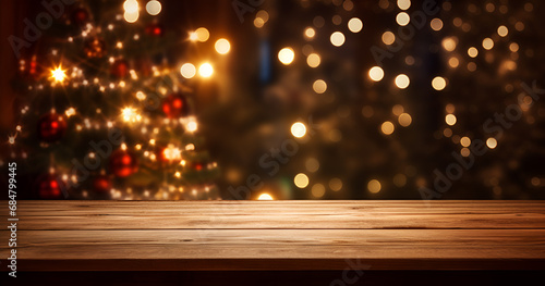 Wood table with blurry christmas tree