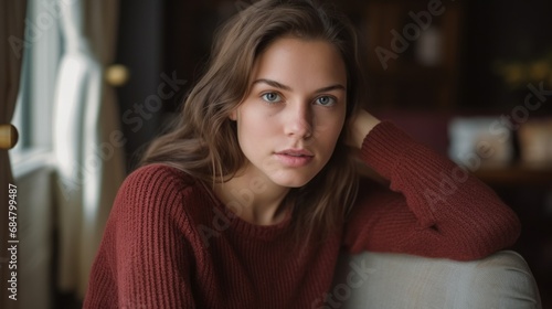 Homey scene: a European woman in a chair, casually looking at the camera.