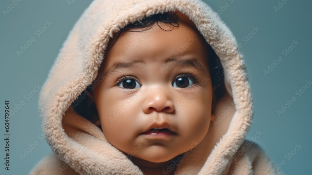 Little one in distress, donning a child's bathrobe, set against a clear pastel blue studio. Little one in distress, donning a child's bathrobe, set against a clear pastel blue studio.