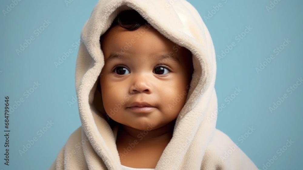 Little one in distress, donning a child's bathrobe, set against a clear pastel blue studio. Little one in distress, donning a child's bathrobe, set against a clear pastel blue studio.