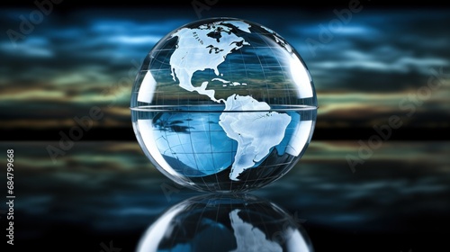  a glass globe with a reflection of the earth on a reflective surface in front of a dark, cloudy sky. © Anna
