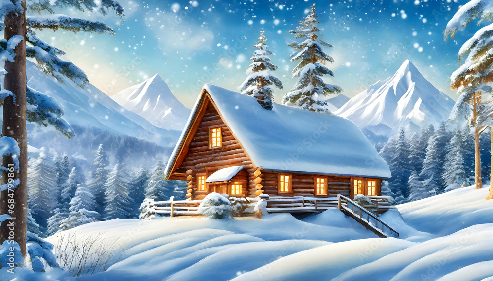  background of a snow-covered cabin nestled in a serene winter landscape.