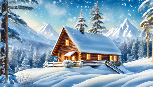  background of a snow-covered cabin nestled in a serene winter landscape.