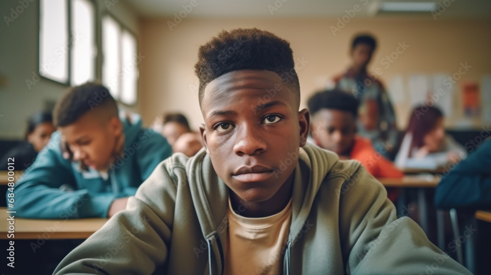 In a quiet classroom, a lone teen boy sits at a table, his gaze expressing sadness as he looks into the camera. In a quiet classroom, a lone teen boy sits at a table, his gaze expressing sadness as he looks into the camera.