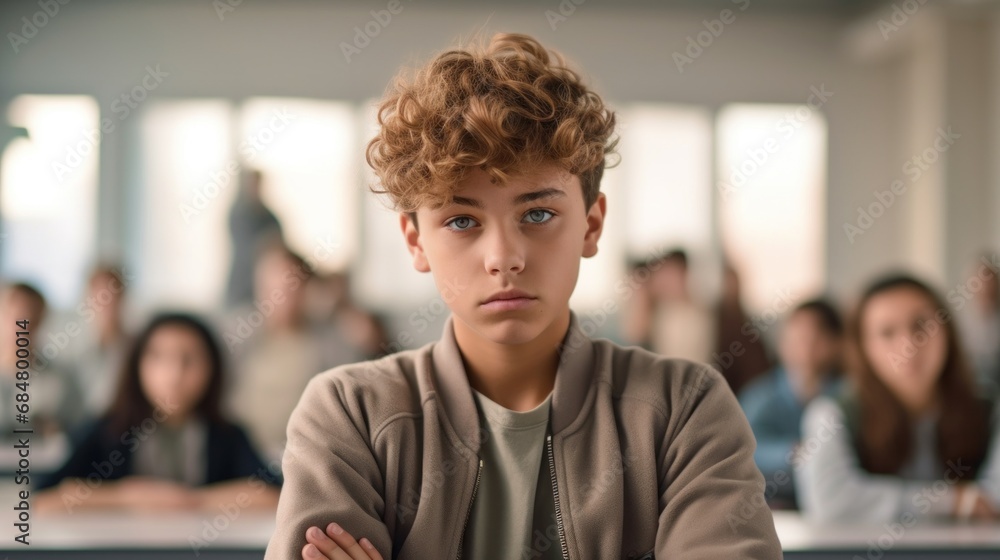 Conveying a sense of isolation, a sad teen boy sits by himself at a classroom table, looking at the camera.