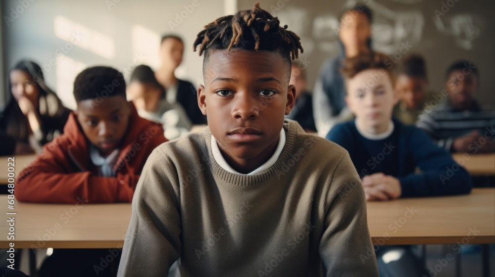Expressing loneliness, a teen boy sits by himself at a table in a classroom, looking sadly at the camera. Expressing loneliness, a teen boy sits by himself at a table in a classroom, looking sadly at the camera.
