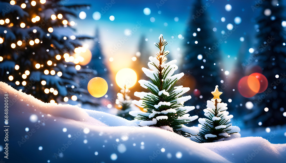 Christmas winter background of fir forest with ice, snow and bokeh of snowflakes,