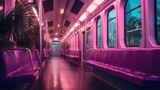  the inside of a subway car with pink seats and a palm tree in the center of the car and windows.