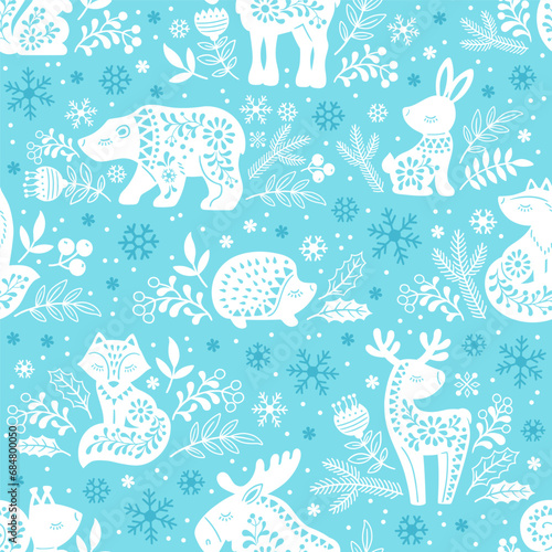 Vector seamless pattern. White ornate silhouettes of forest animals deer, bear, elk, fox, hare, squirrel, hedgehog among flowers on a blue background