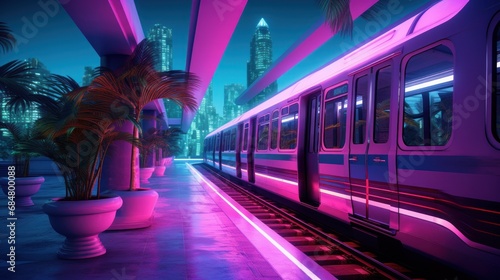  a train traveling through a train station next to a palm tree and a tall building with a neon light on it. photo