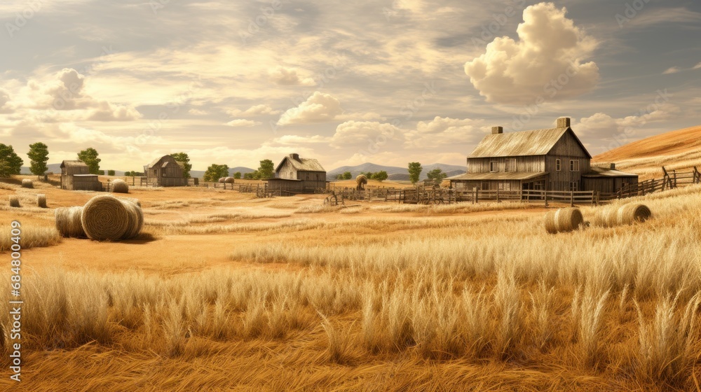 a painting of a farm with hay bales in the foreground and a barn in the background with clouds in the sky. a painting of a farm with hay bales in the foreground and a barn in the background with clouds in the sky.