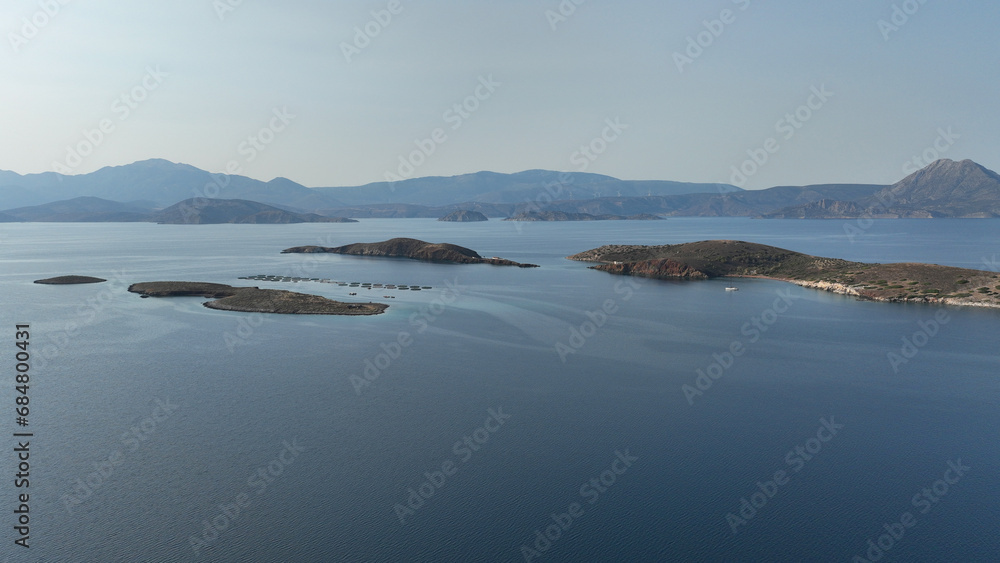 Aerial drone photo of paradise secluded small island complex of Alkyonides in Corinthian gulf with paradise beaches perfect for sail boat and yacht anchorage, Greece Aerial drone photo of paradise secluded small island complex of Alkyonides in Corinthian gulf with paradise beaches perfect for sail boat and yacht anchorage, Greece