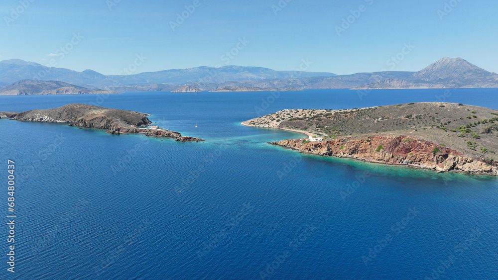 Aerial drone photo of paradise secluded small island complex of Alkyonides in Corinthian gulf with paradise beaches perfect for sail boat and yacht anchorage, Greece