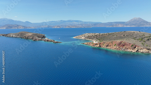 Aerial drone photo of paradise secluded small island complex of Alkyonides in Corinthian gulf with paradise beaches perfect for sail boat and yacht anchorage, Greece