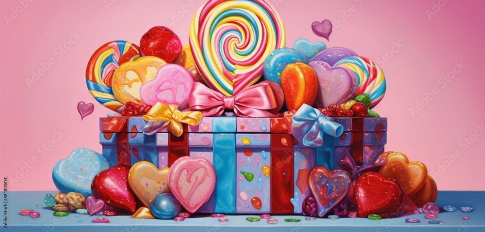 A whimsical, candy-striped Valentine's gift box, overflowing with colorful sweets, set on a vibrant confetti-strewn background.