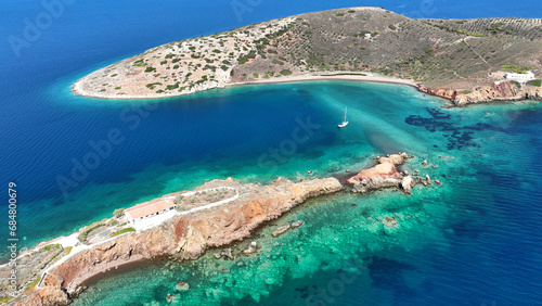 Fototapeta Naklejka Na Ścianę i Meble -  Aerial drone photo of paradise secluded small island complex of Alkyonides in Corinthian gulf with paradise beaches perfect for sail boat and yacht anchorage, Greece