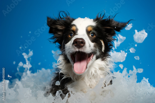 A joyful dog is taking a bath, surrounded by soap suds, splashes and bubbles.
