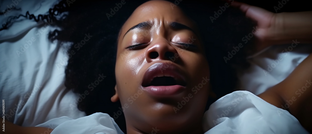 Top view of a beautiful sensual black woman getting sexual pleasure, erotica and orgasm. Sensual african woman with open mouth and closed eyes enjoying lying in bed for sex. Generative ai - obrazy, fototapety, plakaty 