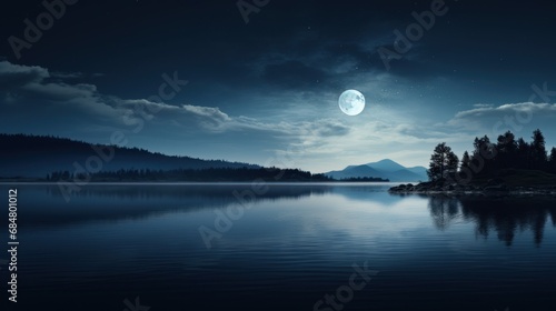  a full moon setting over a lake with trees in the foreground and a distant mountain range in the distance. © Anna