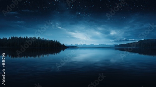  a body of water surrounded by a forest under a night sky with stars and the moon in the middle of the sky.
