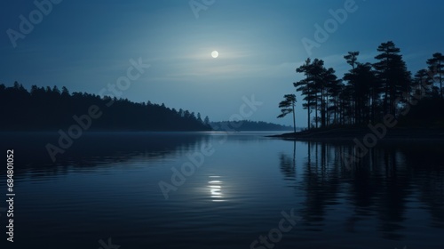  a body of water with trees on the shore and a full moon in the sky over the water and trees on the shore.