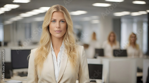 Portrait of beautiful woman behind desk, long golden hair and cream coat, successful boss