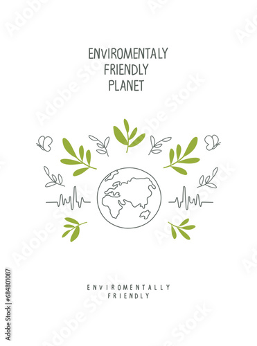 Vector illustration of Environmentally friendly planet. Рand sketch of a living planet that pulsates and sprout with green leaves Think Green. Zero waste. Eco mindfulness Concept