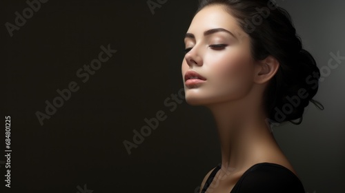  a woman in a black dress with her eyes closed and her head turned to the side with her eyes closed.