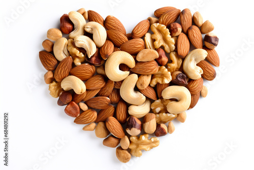 Concept of various nuts forming a heart shape.
