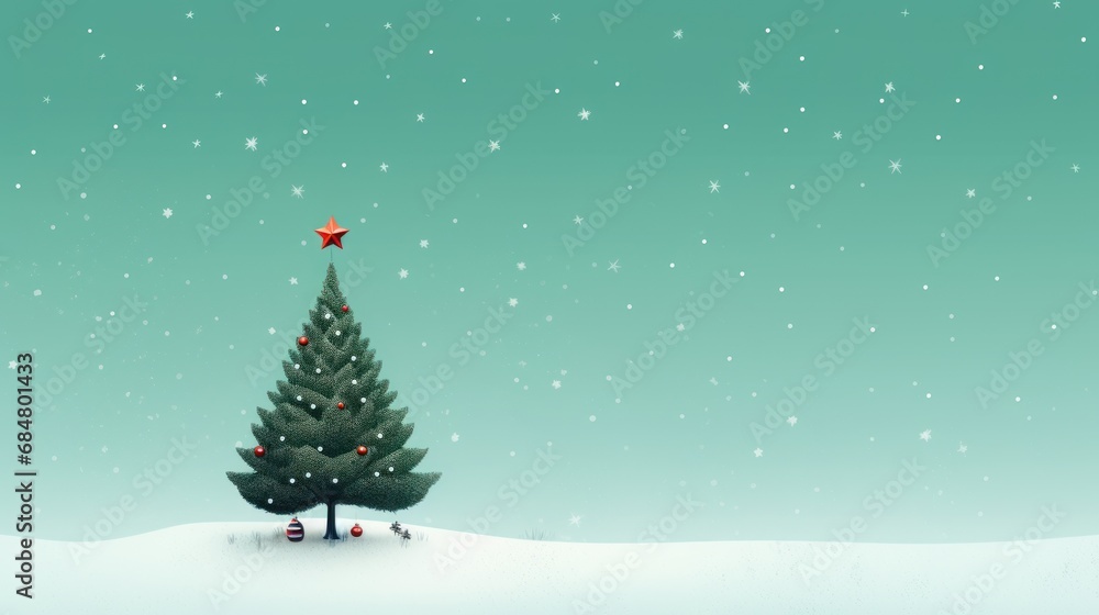  a small christmas tree in the middle of a snow covered field with a red star on the top of it.