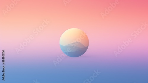 an egg sitting on top of a table next to a pink  blue and purple background with a mountain range in the distance.