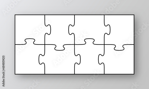 Puzzle grid template. Laser cut template with 8 details. Jigsaw pieces mosaic. Layout of thinking mosaic game. White modern background. Infographic diagram. Vector illustration.
