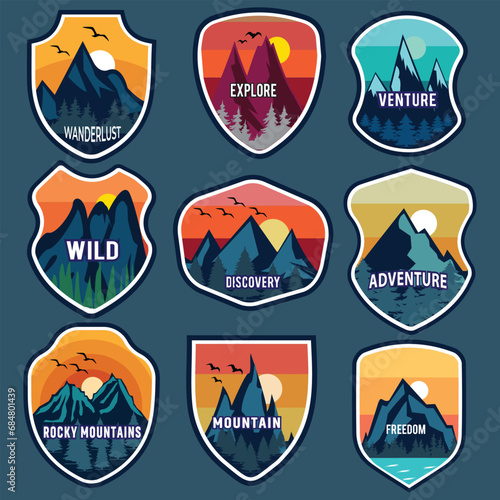 Set Of Mountain Logo Outdoor Adventure, Badges, Banners, Emblem For Mountain, Hiking, Camping, Expedition And Outdoor Adventure. Exploring Nature. Mountain Logo Outdoor Adventure, Badges, Banner