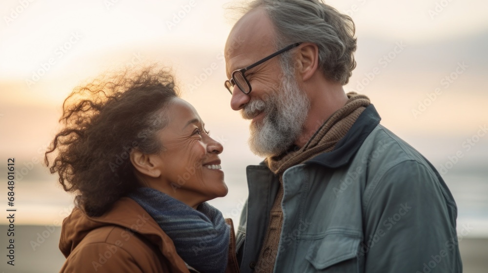 Beach happiness for multicultural elders at dusk Beach happiness for multicultural elders at dusk