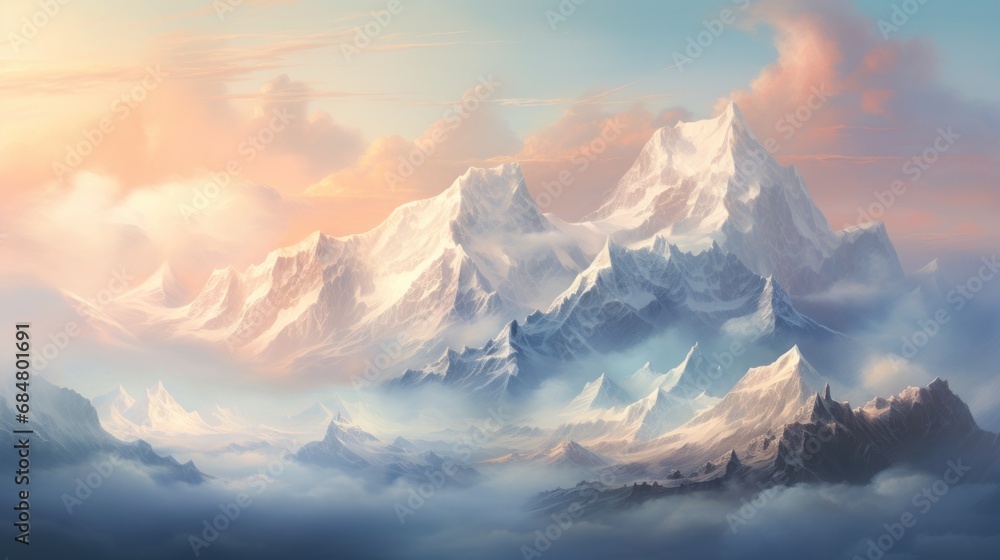  a painting of a mountain range with clouds in the foreground and a pink and blue sky in the background.