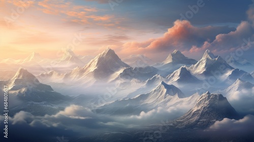  a painting of a mountain range with clouds in the foreground and a sunset in the background with clouds in the foreground.