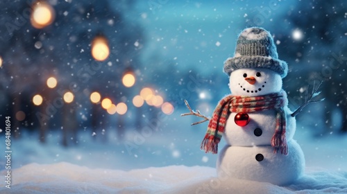  a snowman wearing a hat and scarf standing in the snow with a blurry background of christmas lights in the distance.